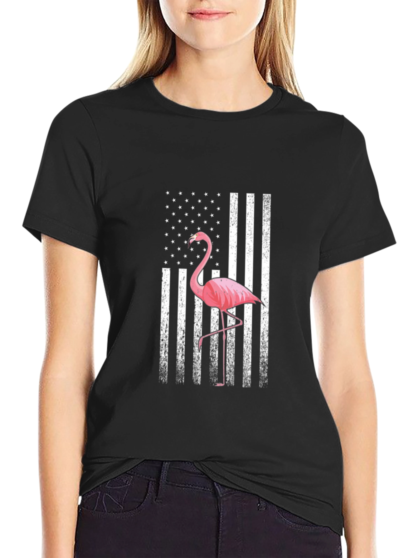 Flamingo American Flag Graphic T-Shirt