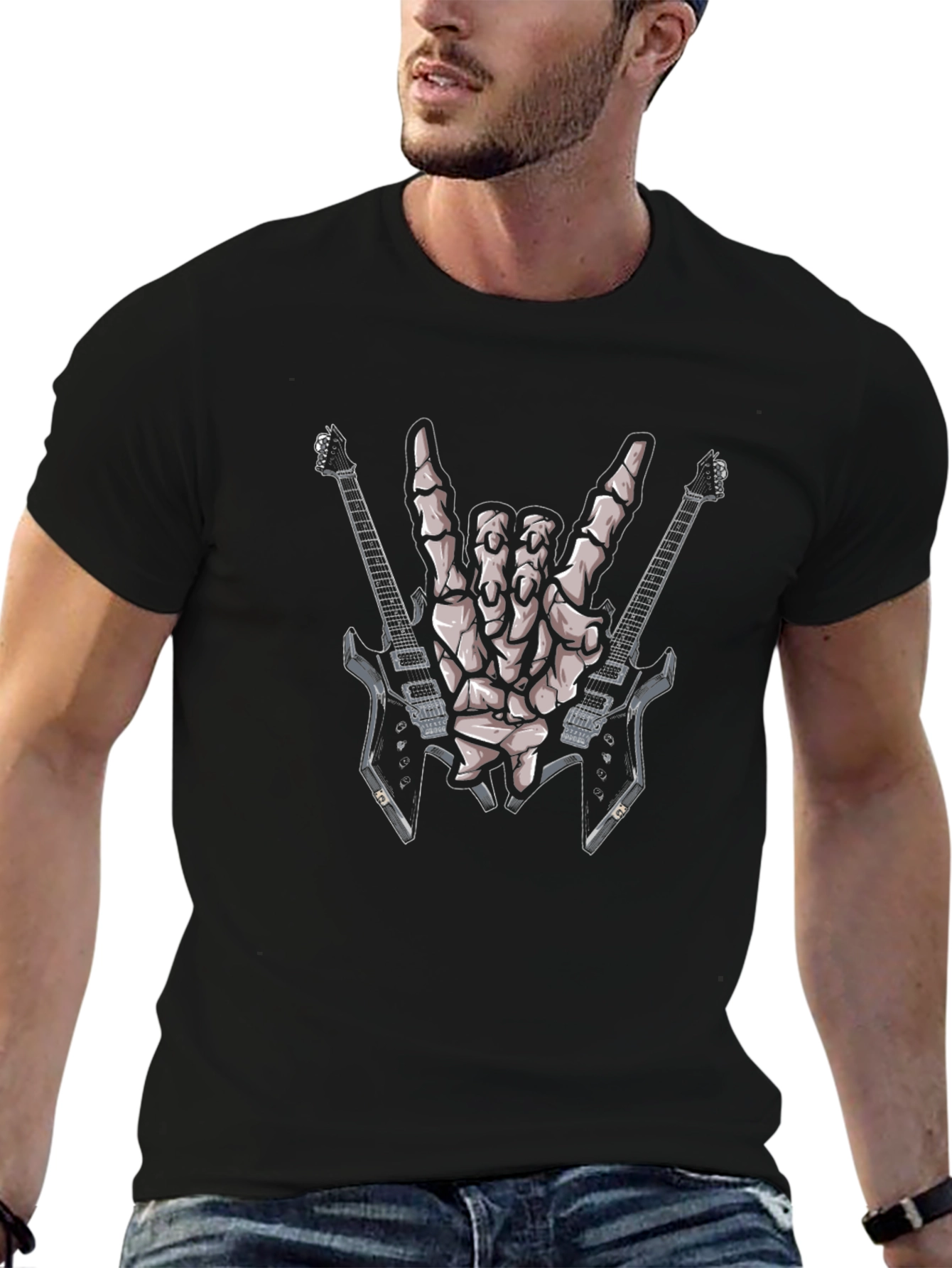 Rock On Skeleton Hand & Guitar Black T-Shirt