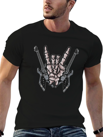 Rock On Skeleton Hand & Guitar Black T-Shirt