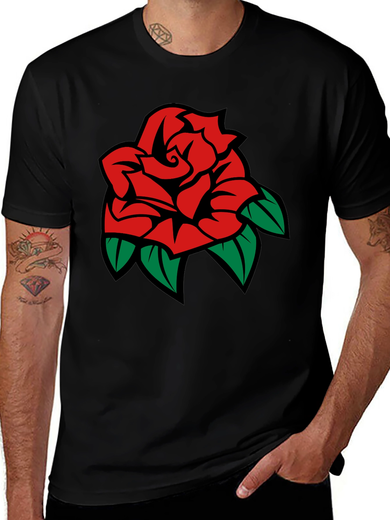Black T-Shirt with Rose Graphic