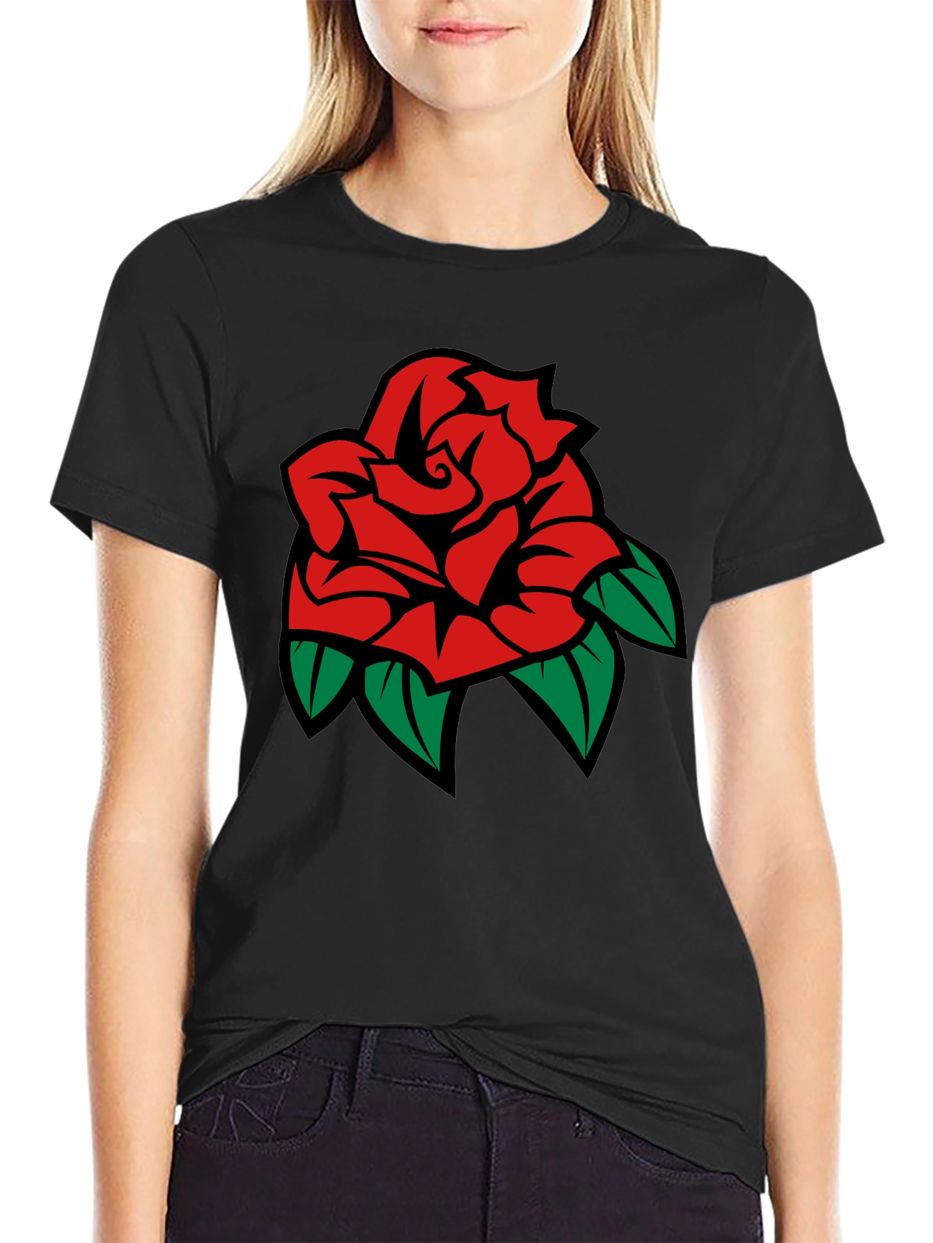 Black T-Shirt with Rose Graphic