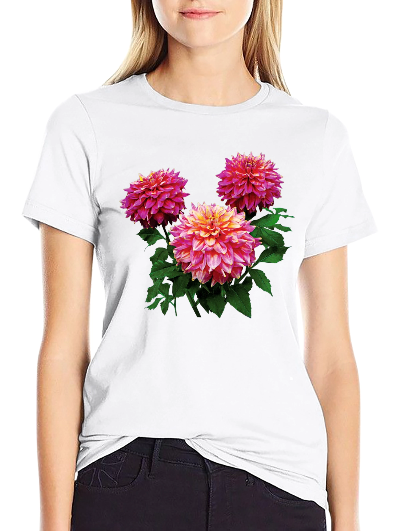Floral Dahlia Print Black T-Shirt