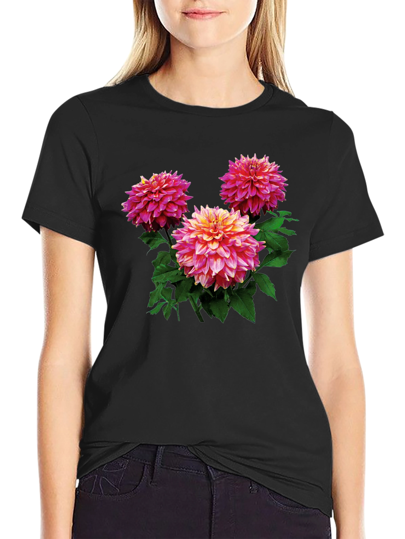 Floral Dahlia Print Black T-Shirt