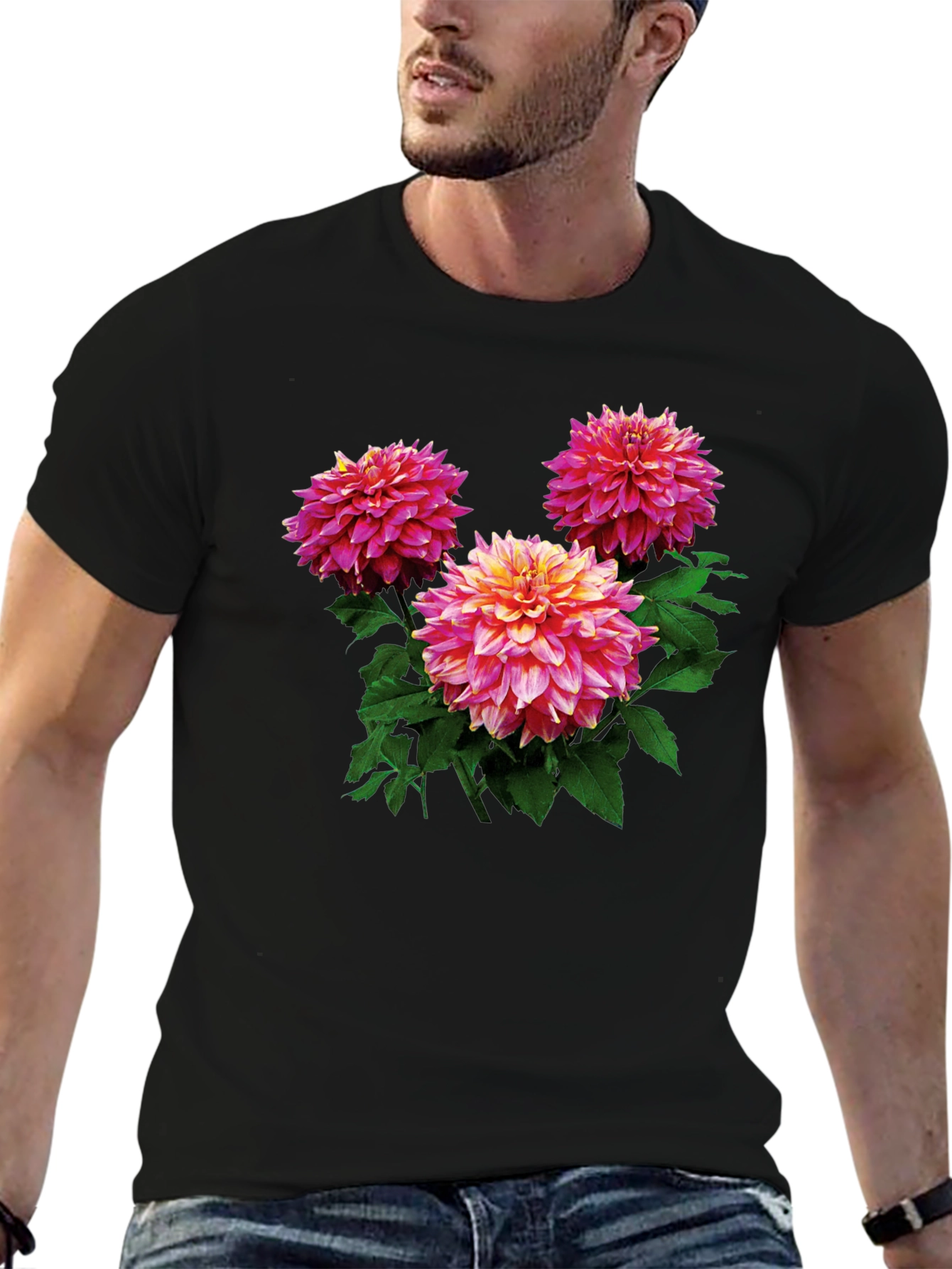 Floral Dahlia Print Black T-Shirt