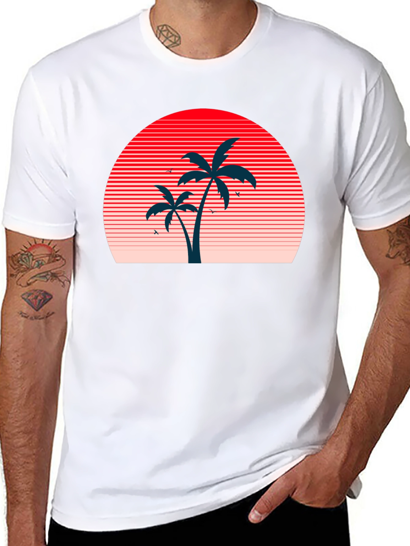 Retro Sunset Palm Tree Graphic Tee - Black