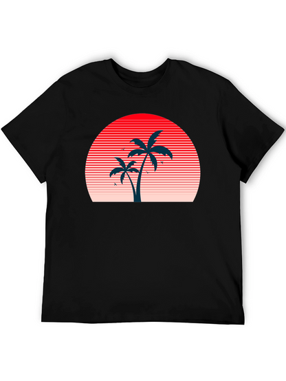 Retro Sunset Palm Tree Graphic Tee - Black