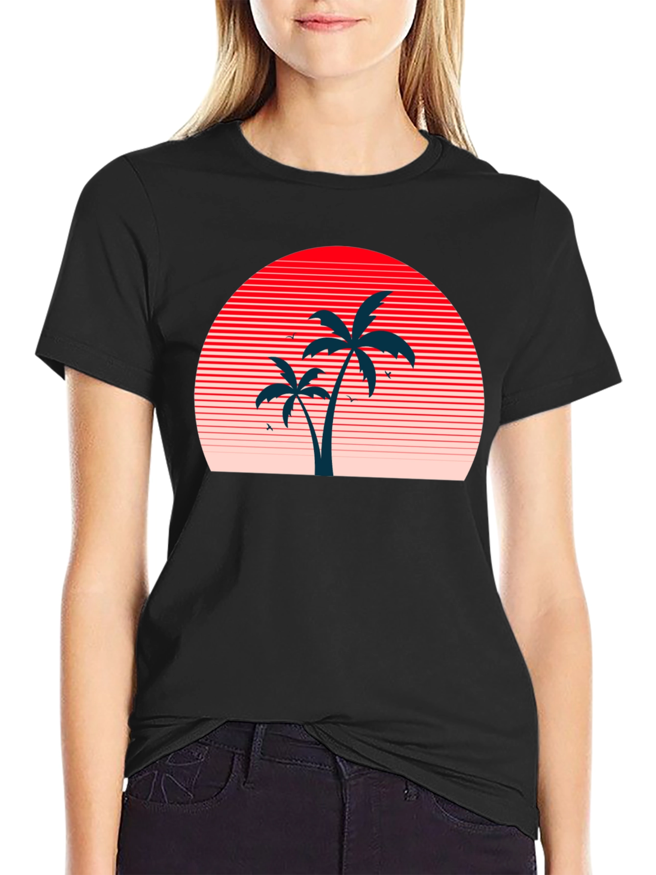 Retro Sunset Palm Tree Graphic Tee - Black