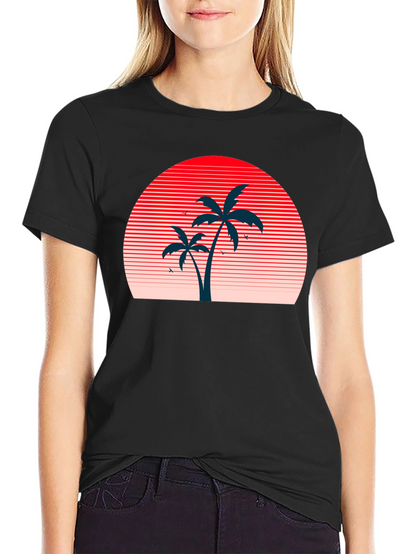 Retro Sunset Palm Tree Graphic Tee - Black