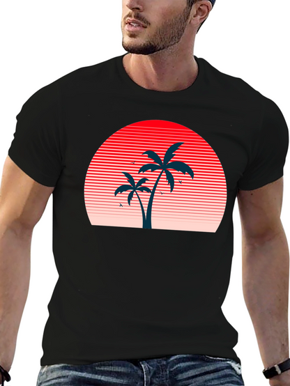 Retro Sunset Palm Tree Graphic Tee - Black