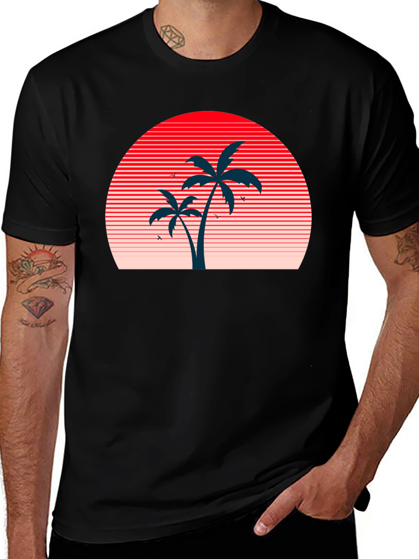 Retro Sunset Palm Tree Graphic Tee - Black