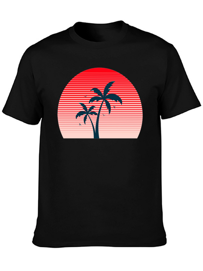 Retro Sunset Palm Tree Graphic Tee - Black