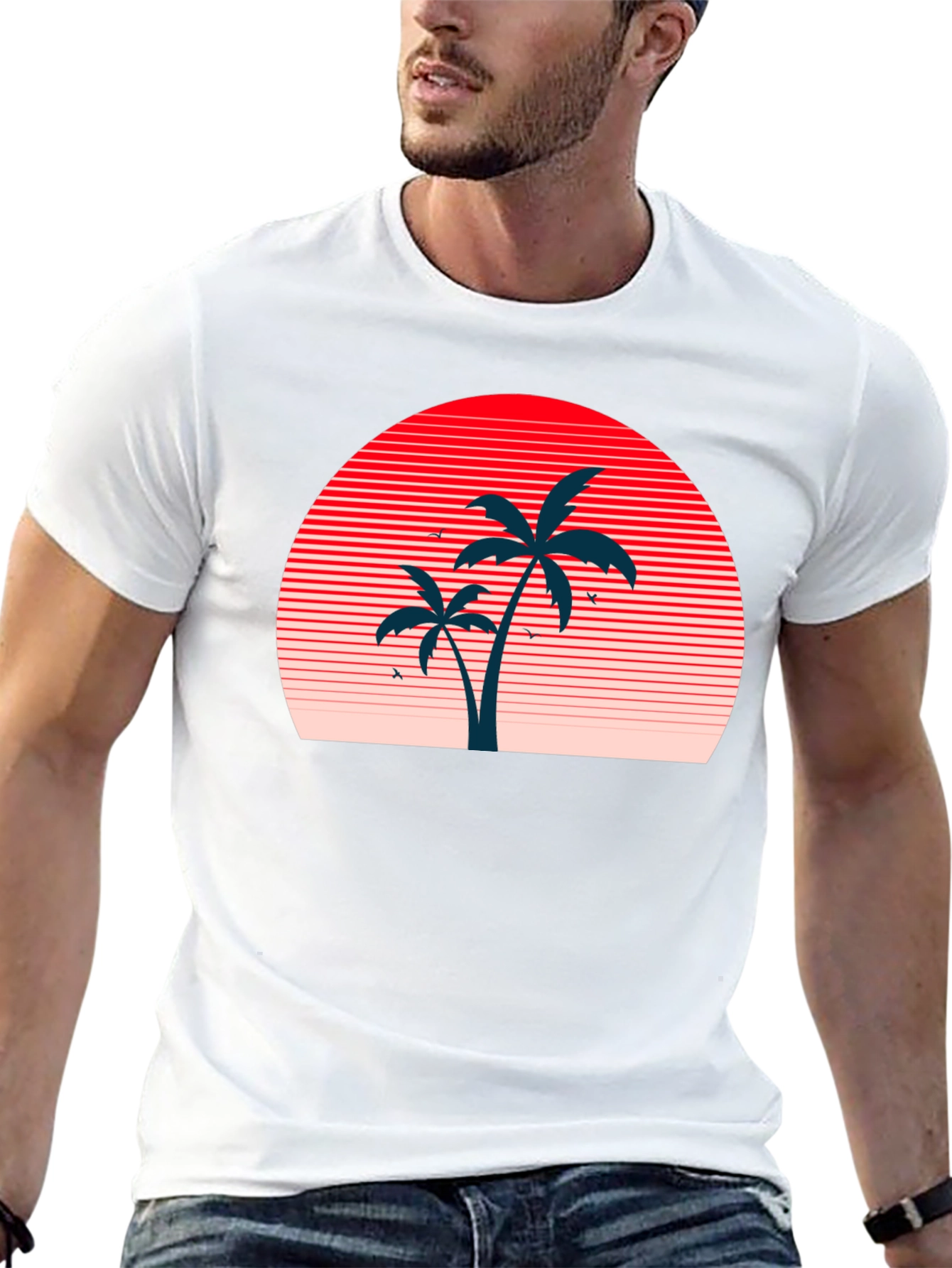 Retro Sunset Palm Tree Graphic Tee - Black