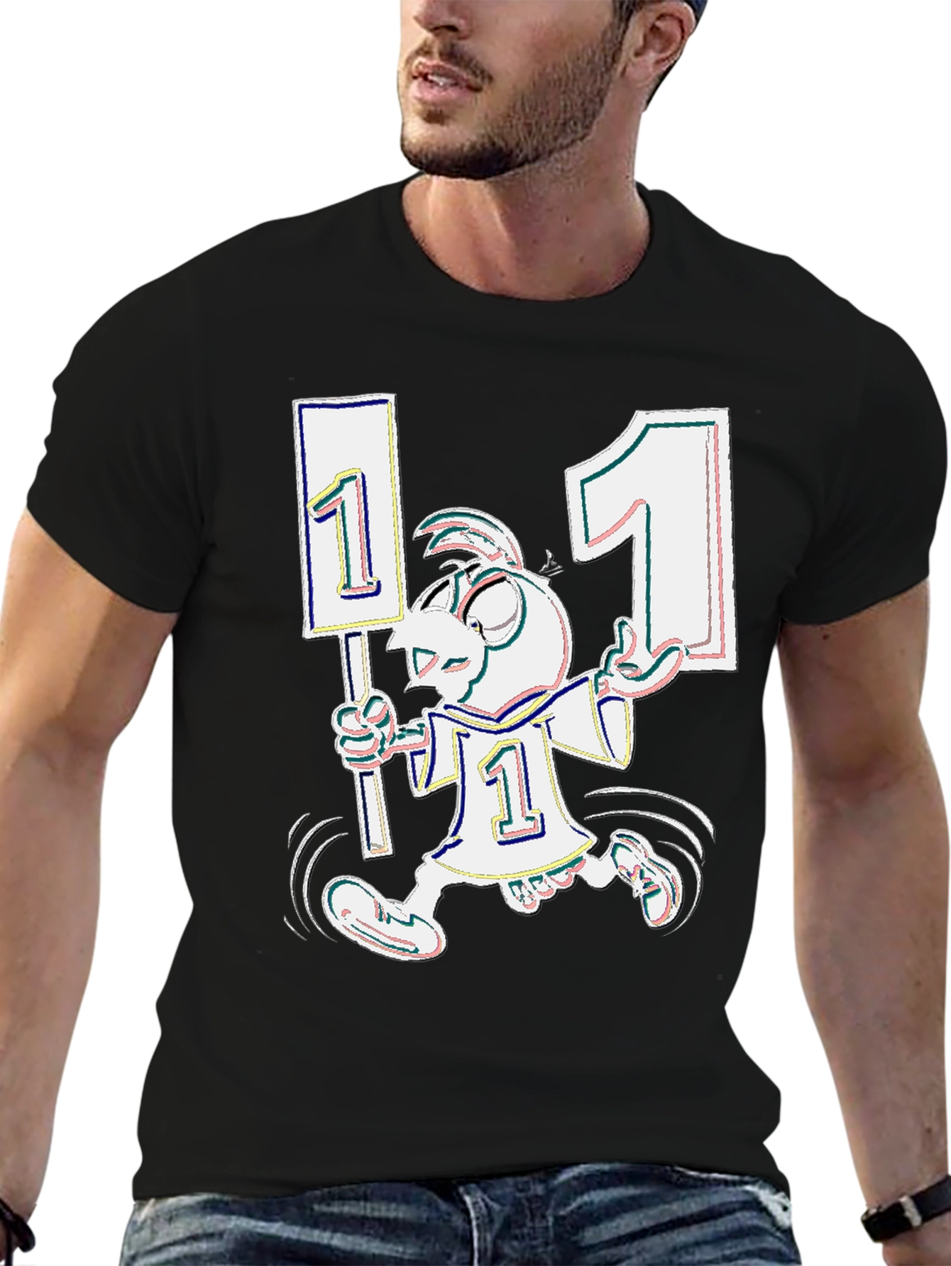 Funky Cartoon Number One Black T-Shirt