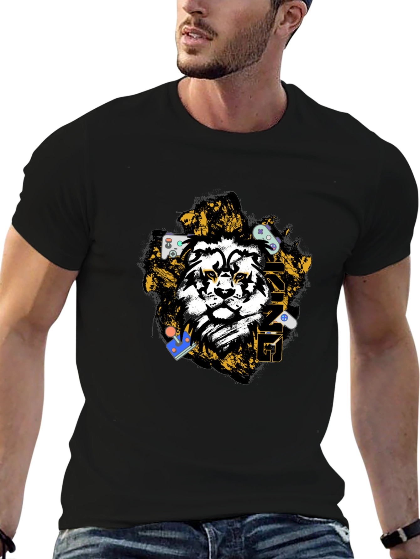 Gaming Lion Graphic T-Shirt - Black