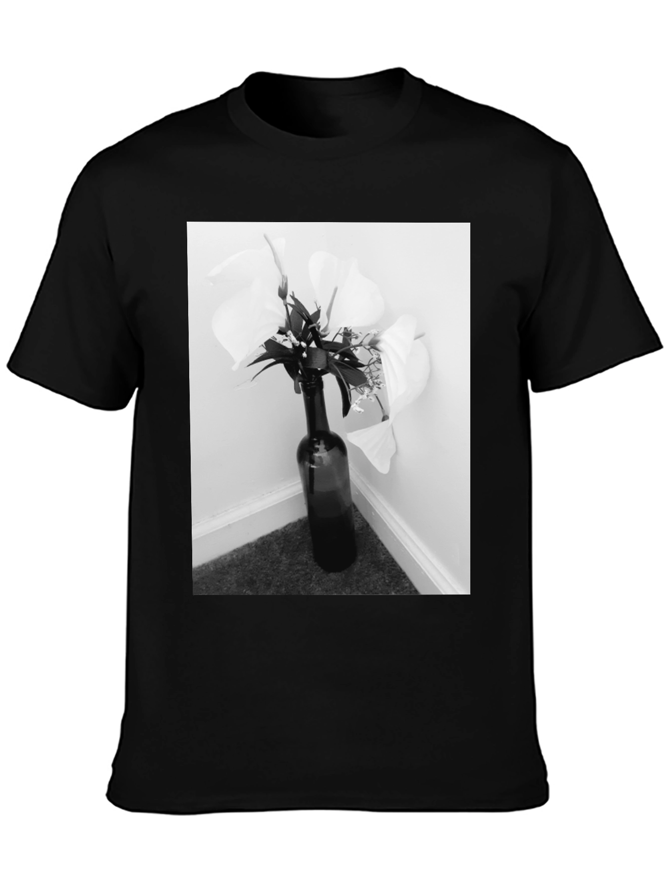 Black T-Shirt with Floral Bottle Graphic