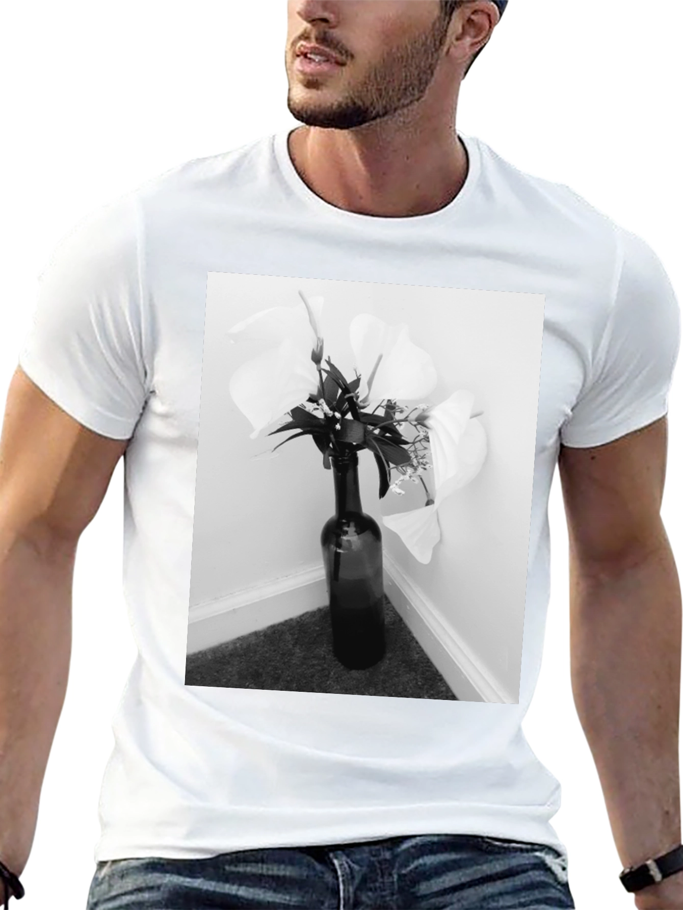 Black T-Shirt with Floral Bottle Graphic