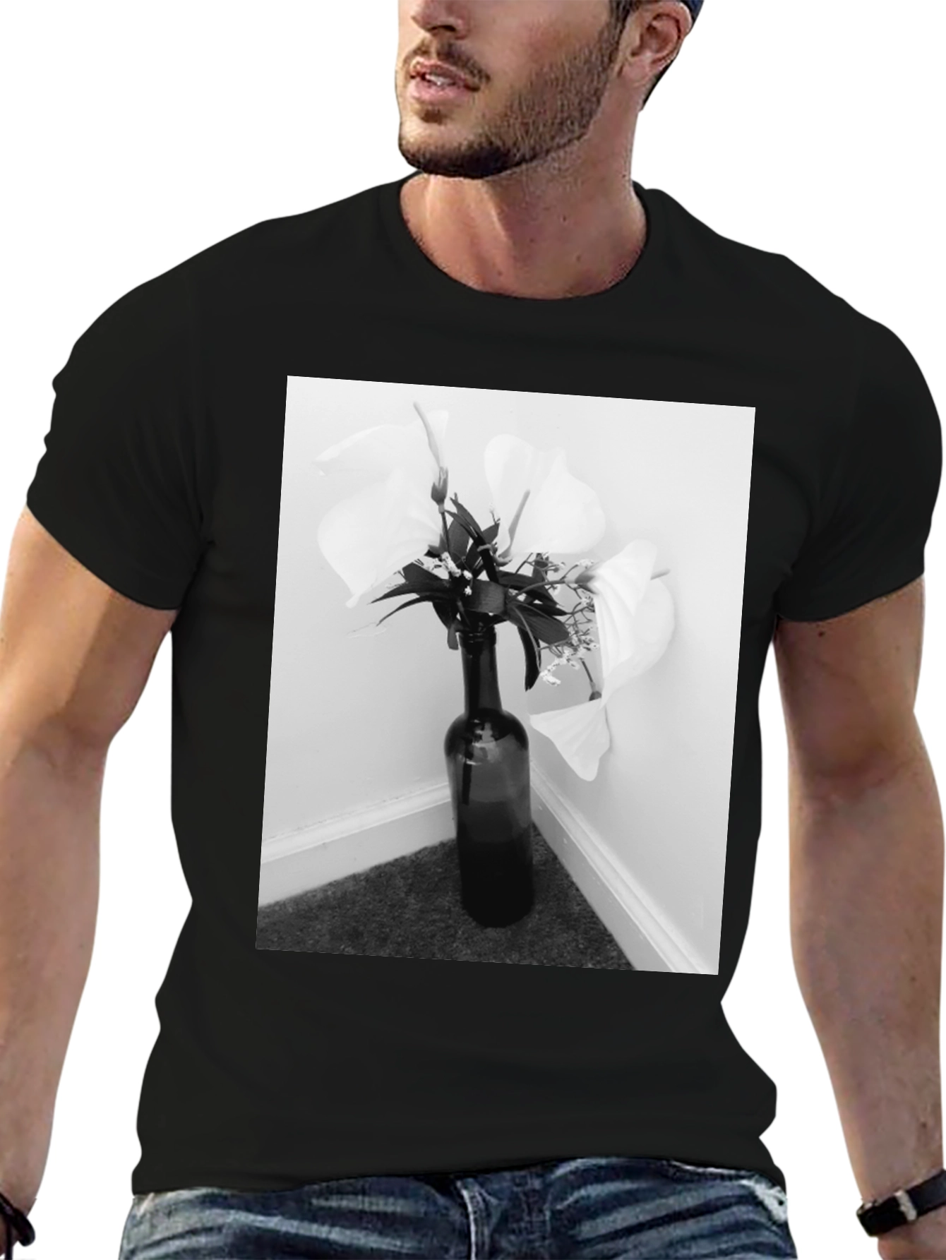 Black T-Shirt with Floral Bottle Graphic