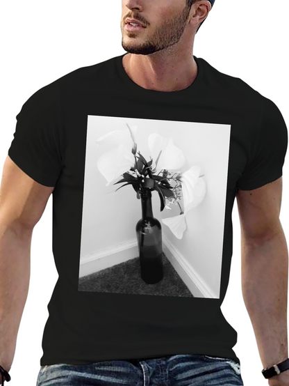 Black T-Shirt with Floral Bottle Graphic