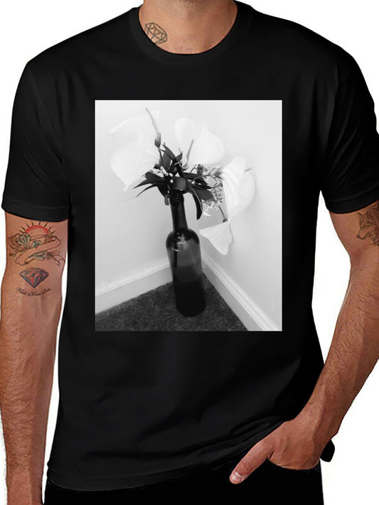 Black T-Shirt with Floral Bottle Graphic