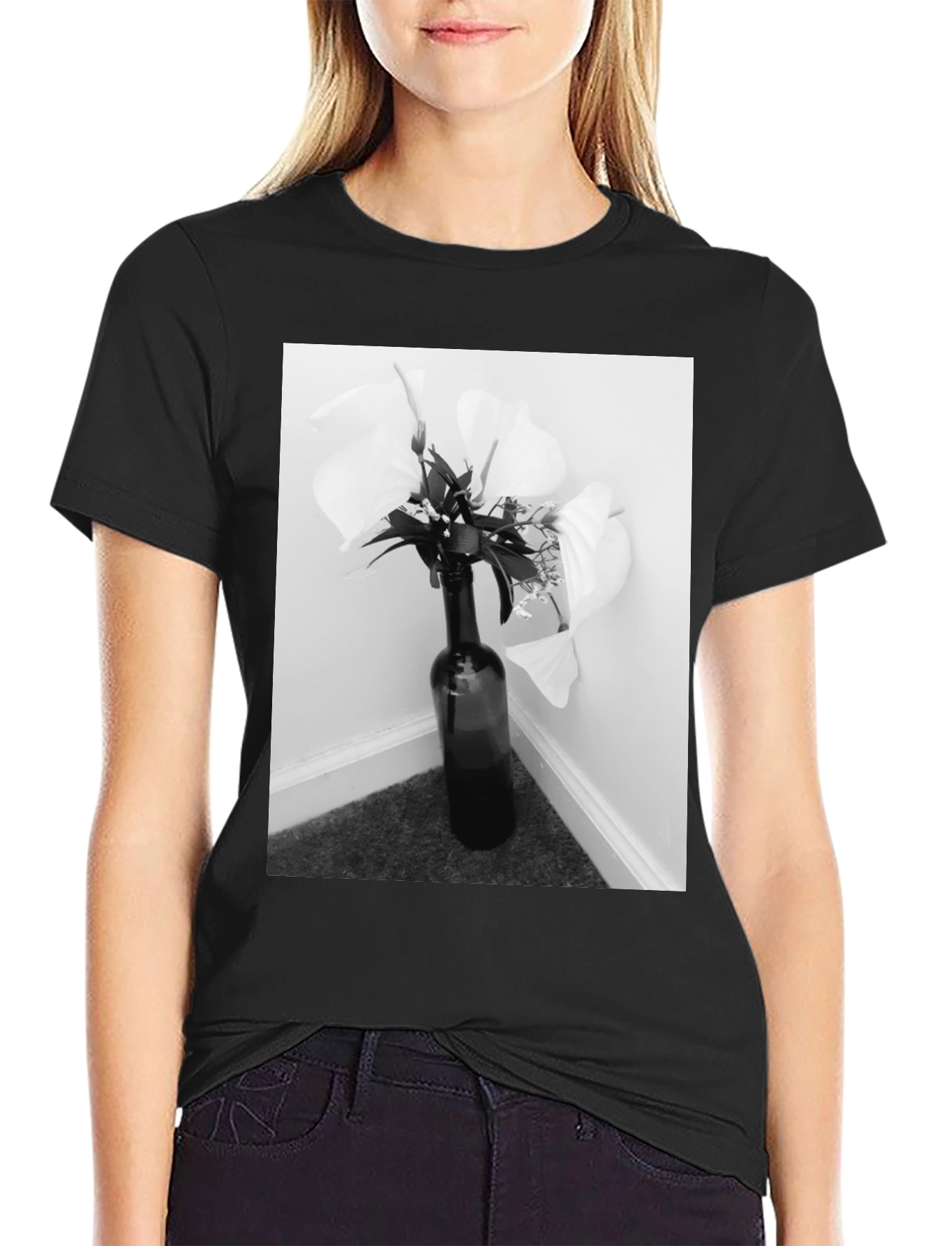 Black T-Shirt with Floral Bottle Graphic