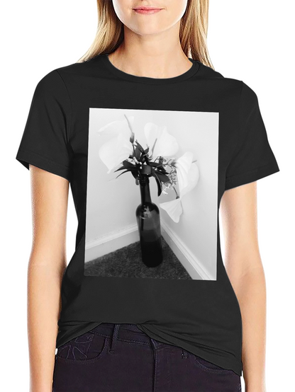 Black T-Shirt with Floral Bottle Graphic