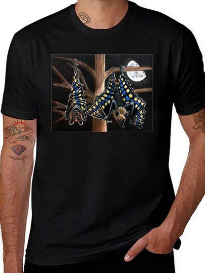 Bats & Moon Graphic Tee - Black Cotton T-Shirt