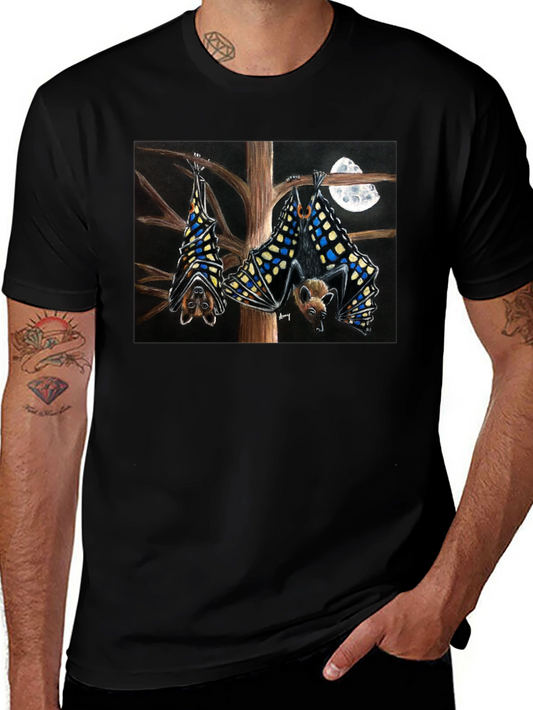 Bats & Moon Graphic Tee - Black Cotton T-Shirt