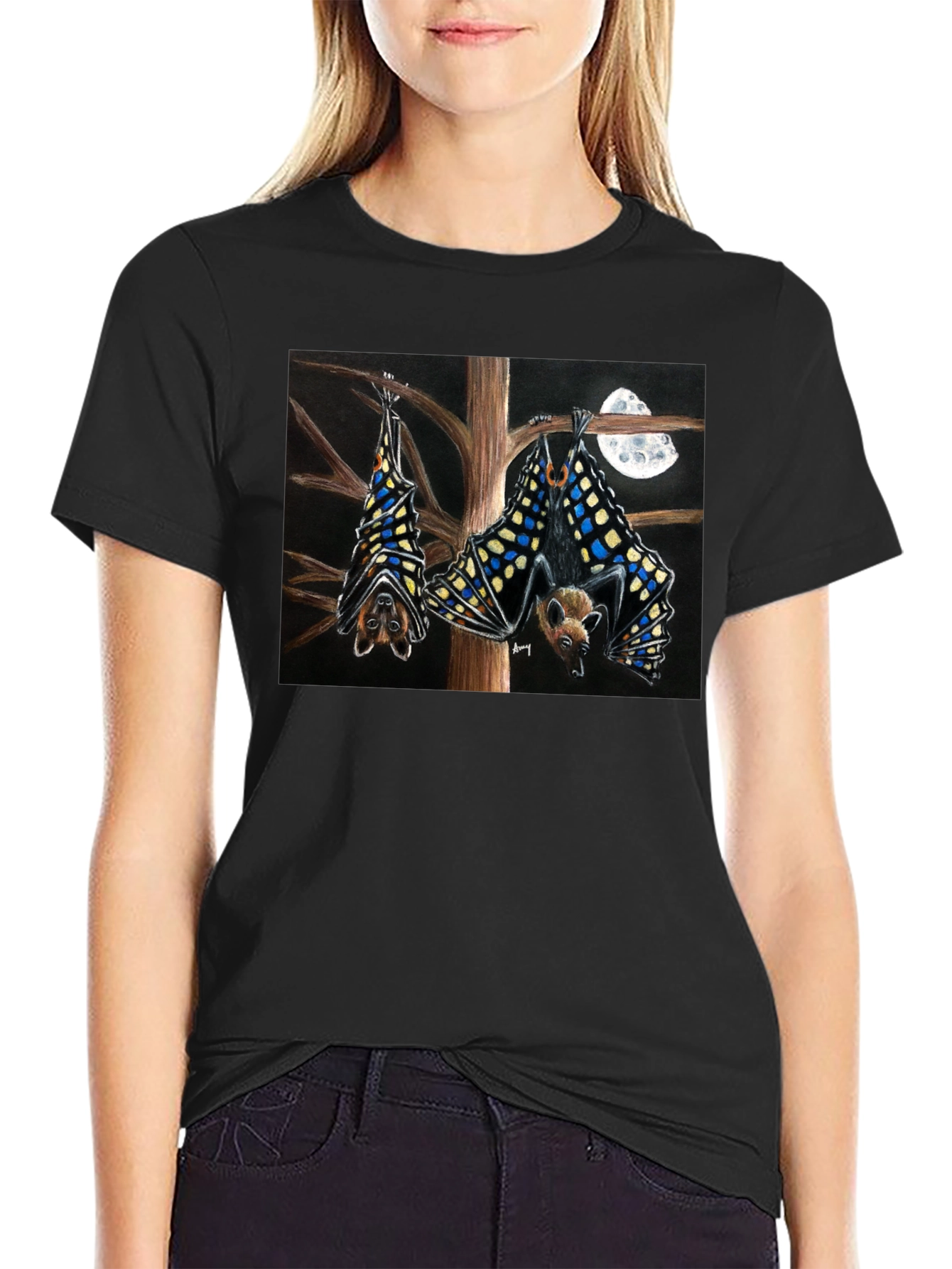 Bats & Moon Graphic Tee - Black Cotton T-Shirt