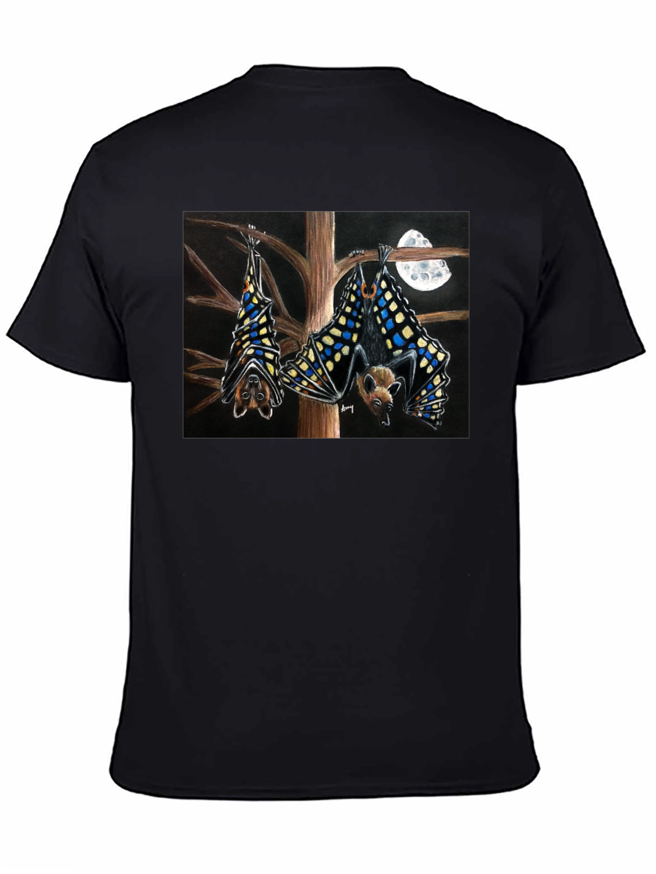 Bats & Moon Graphic Tee - Black Cotton T-Shirt
