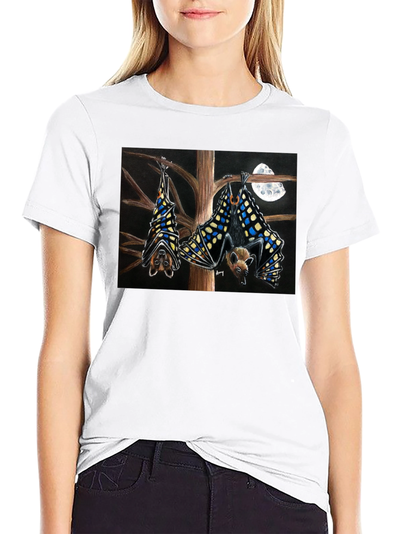 Bats & Moon Graphic Tee - Black Cotton T-Shirt