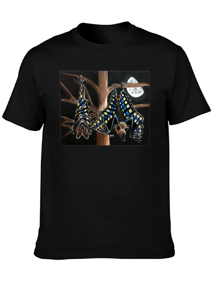 Bats & Moon Graphic Tee - Black Cotton T-Shirt