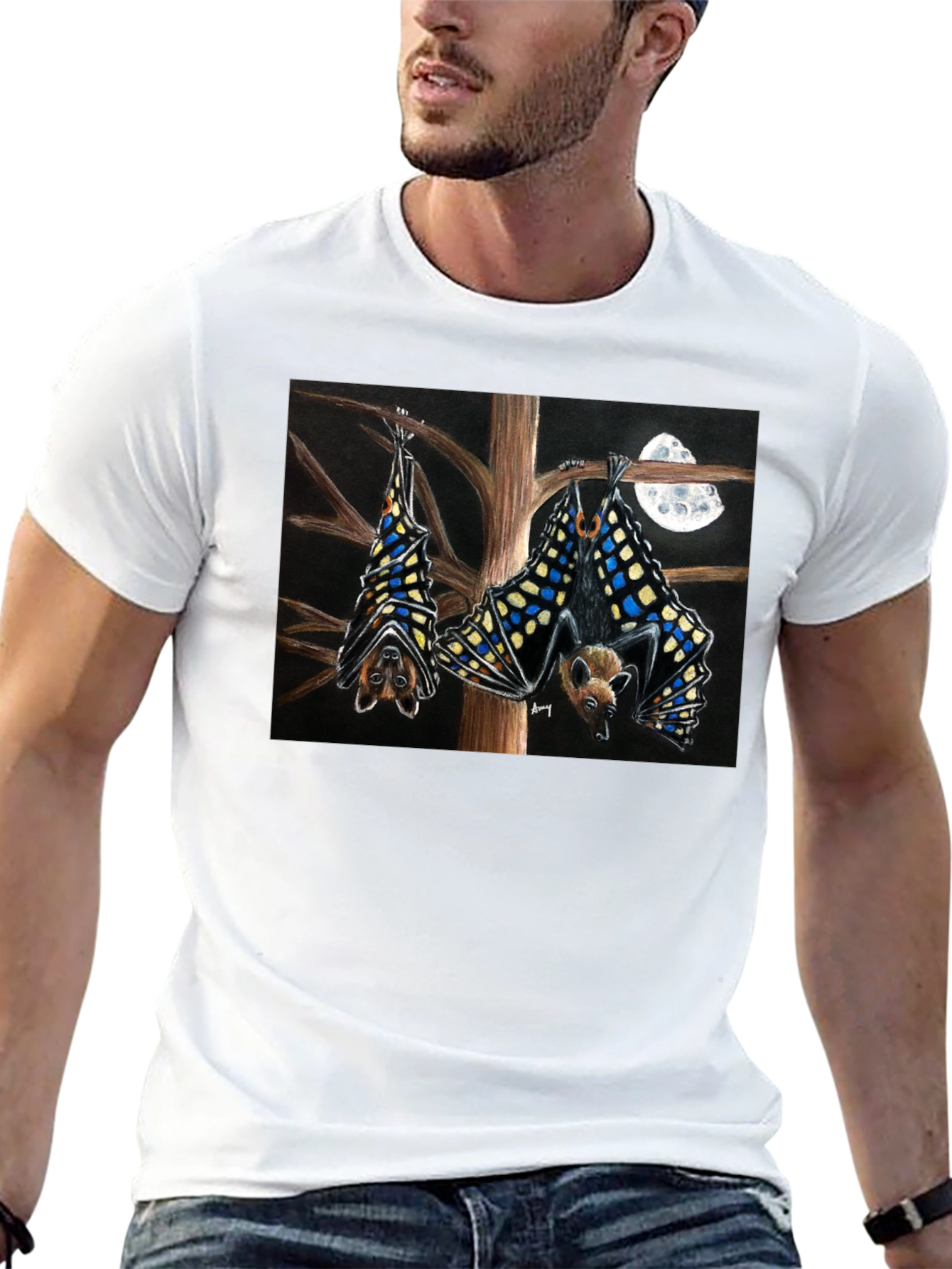 Bats & Moon Graphic Tee - Black Cotton T-Shirt
