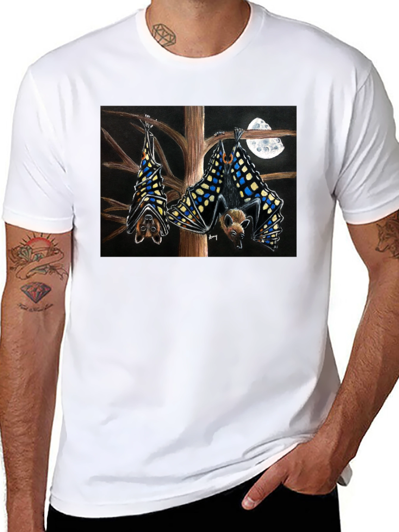 Bats & Moon Graphic Tee - Black Cotton T-Shirt