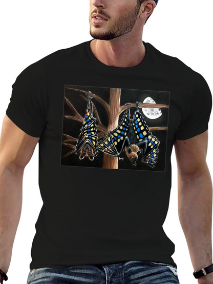 Bats & Moon Graphic Tee - Black Cotton T-Shirt