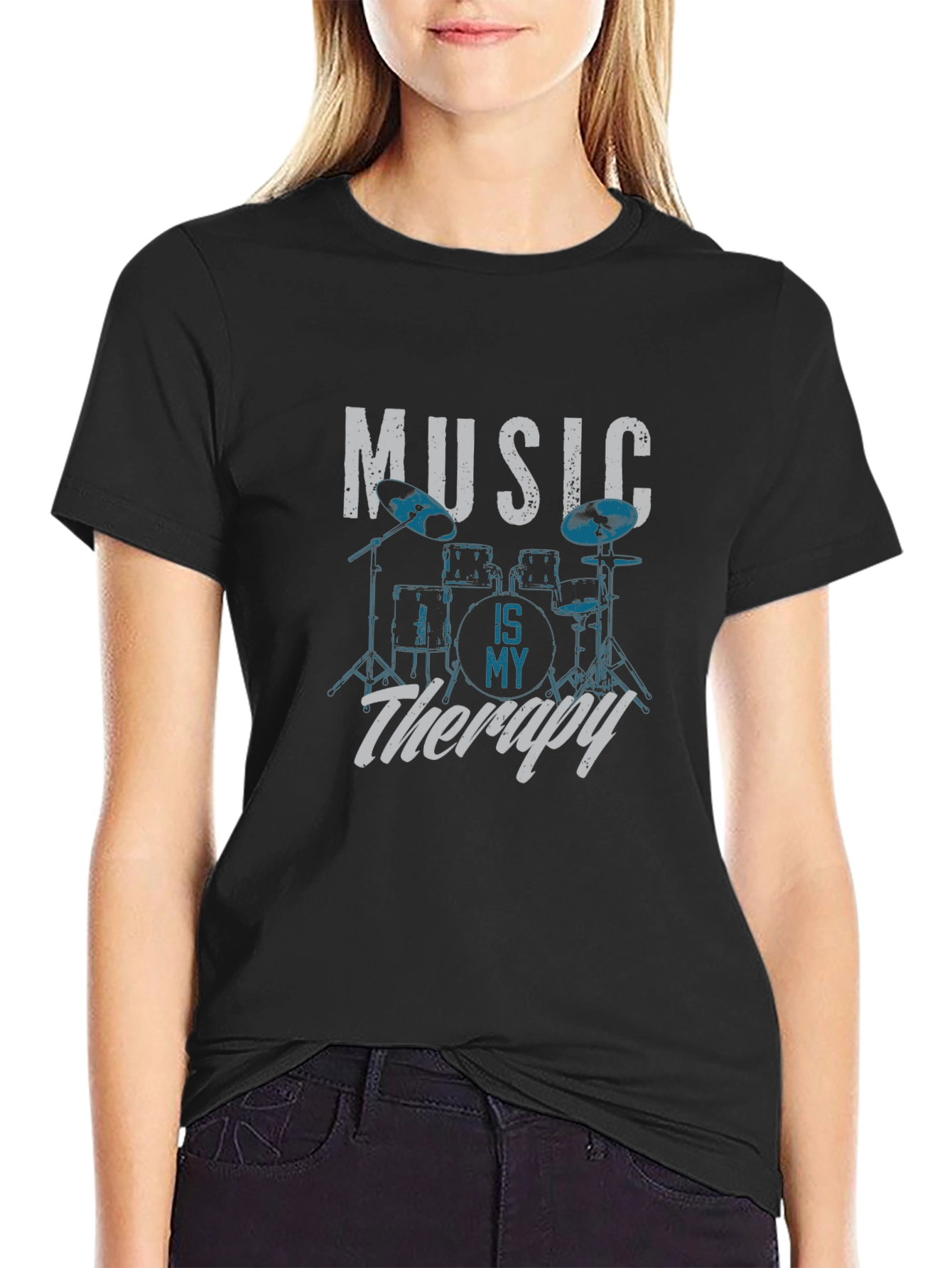 Music Is My Therapy Drum Set Graphic T-Shirt