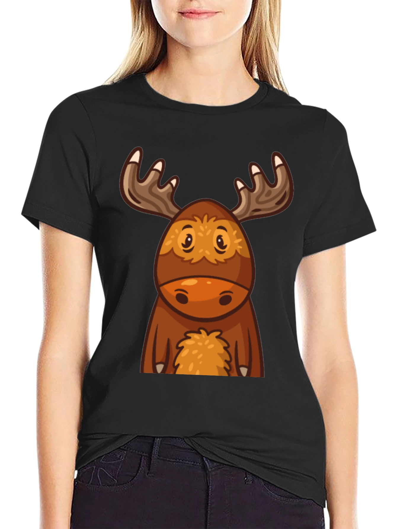 Cute Cartoon Moose Black T-Shirt