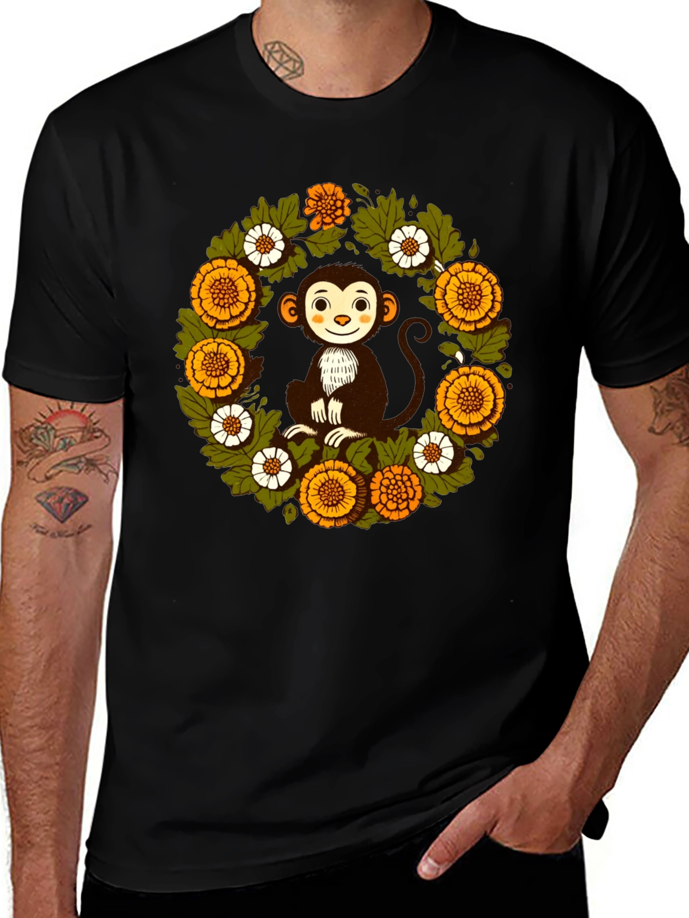 Monkey Floral Wreath Graphic T-Shirt