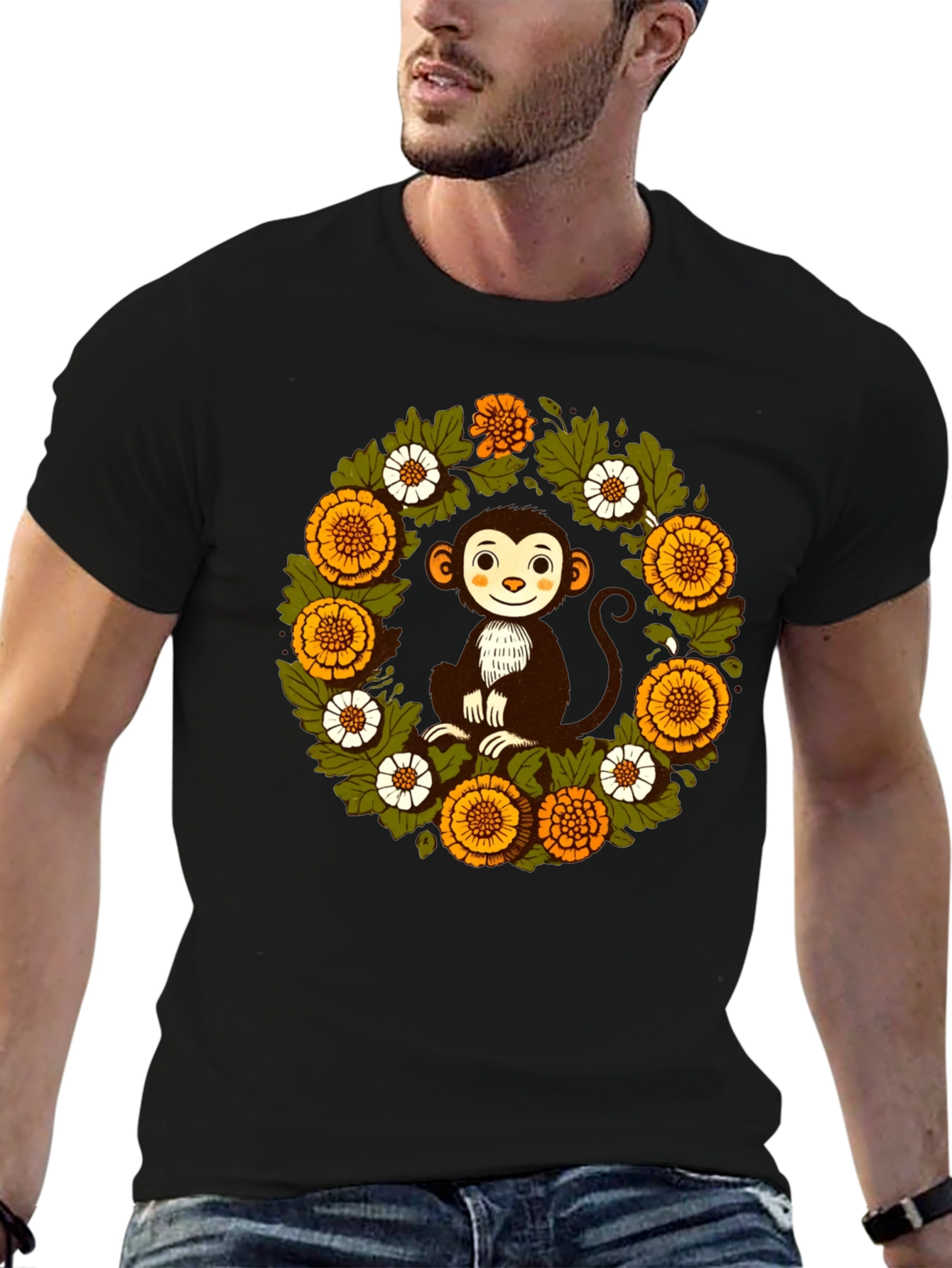 Monkey Floral Wreath Graphic T-Shirt