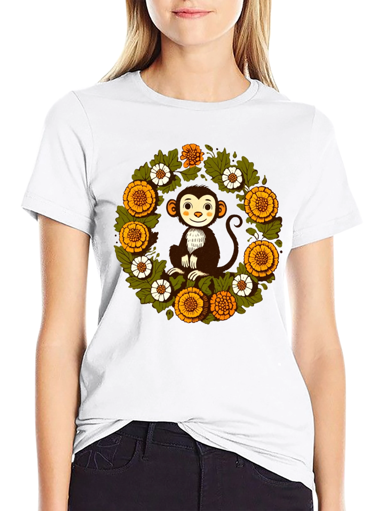 Monkey Floral Wreath Graphic T-Shirt