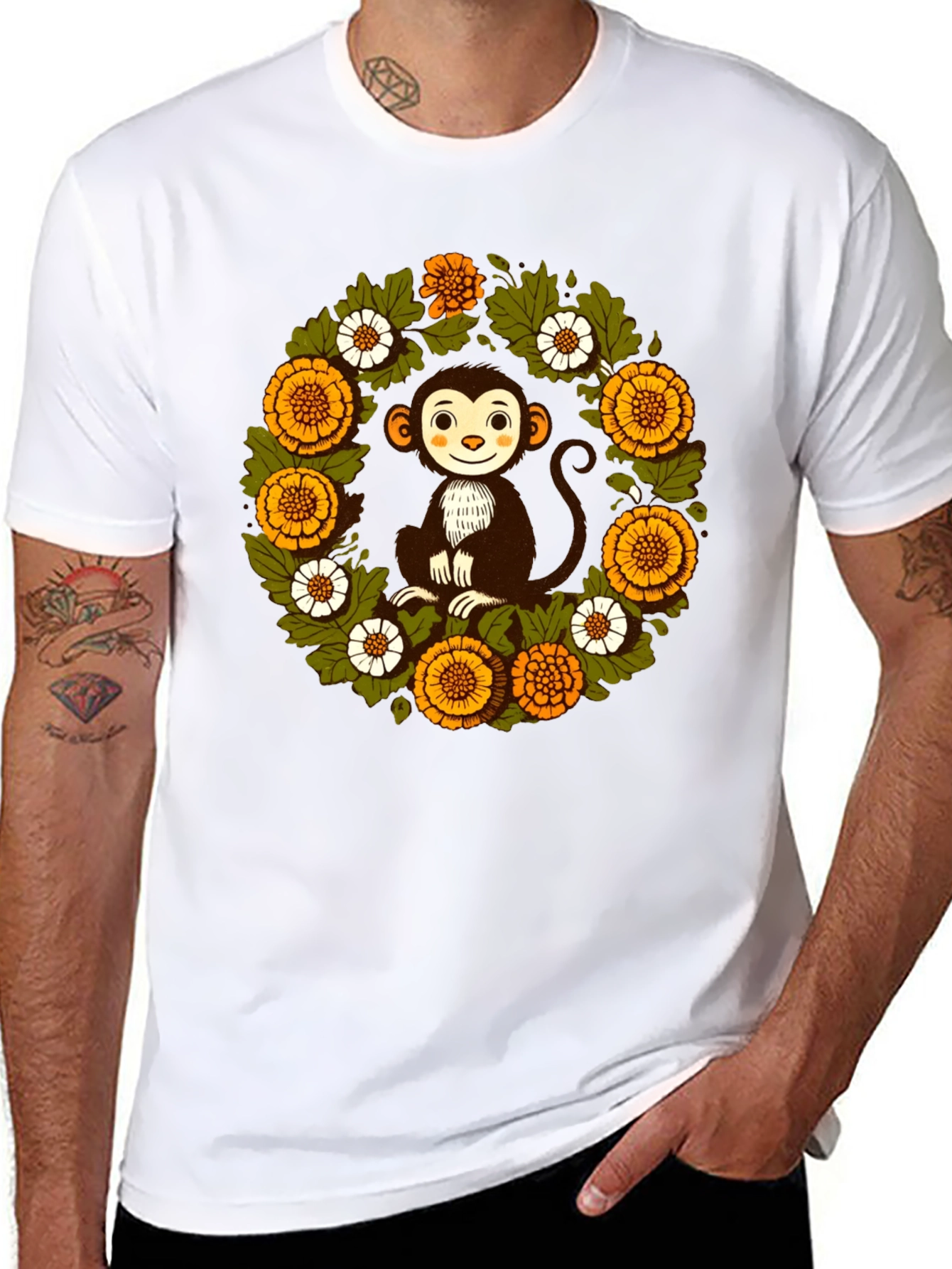Monkey Floral Wreath Graphic T-Shirt