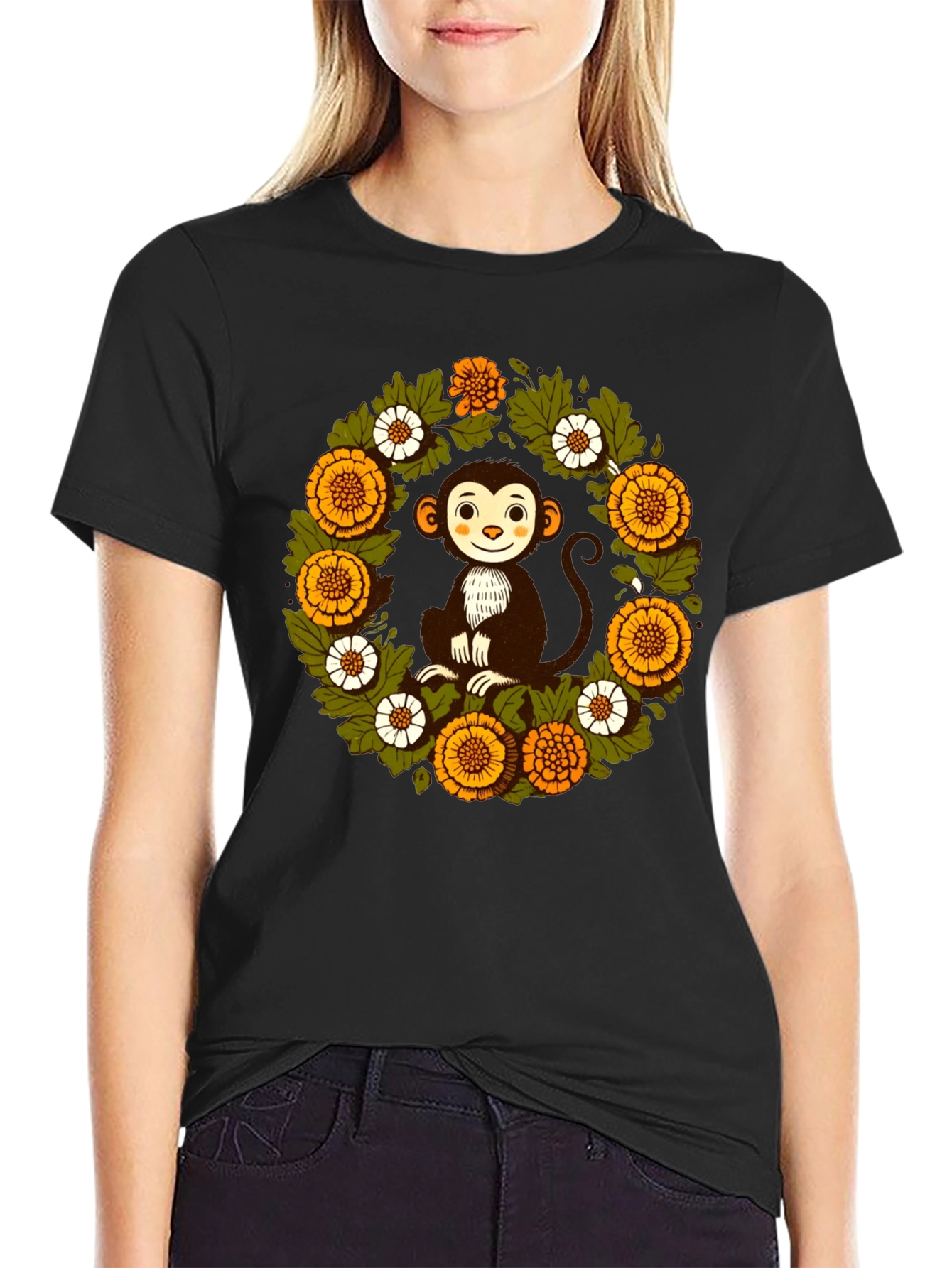 Monkey Floral Wreath Graphic T-Shirt