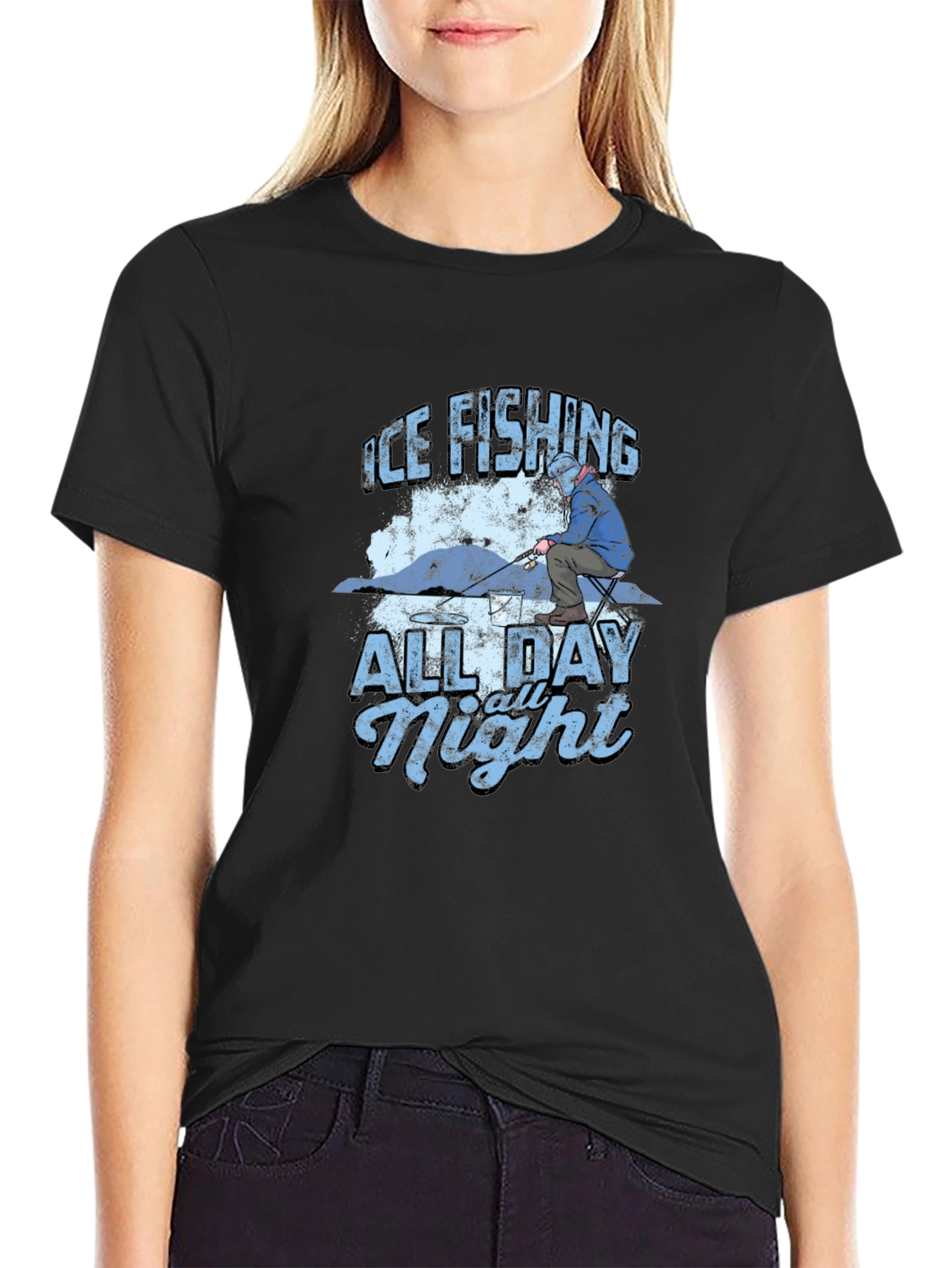 Ice Fishing All Day All Night Black T-Shirt