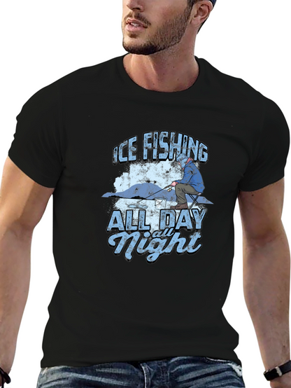 Ice Fishing All Day All Night Black T-Shirt