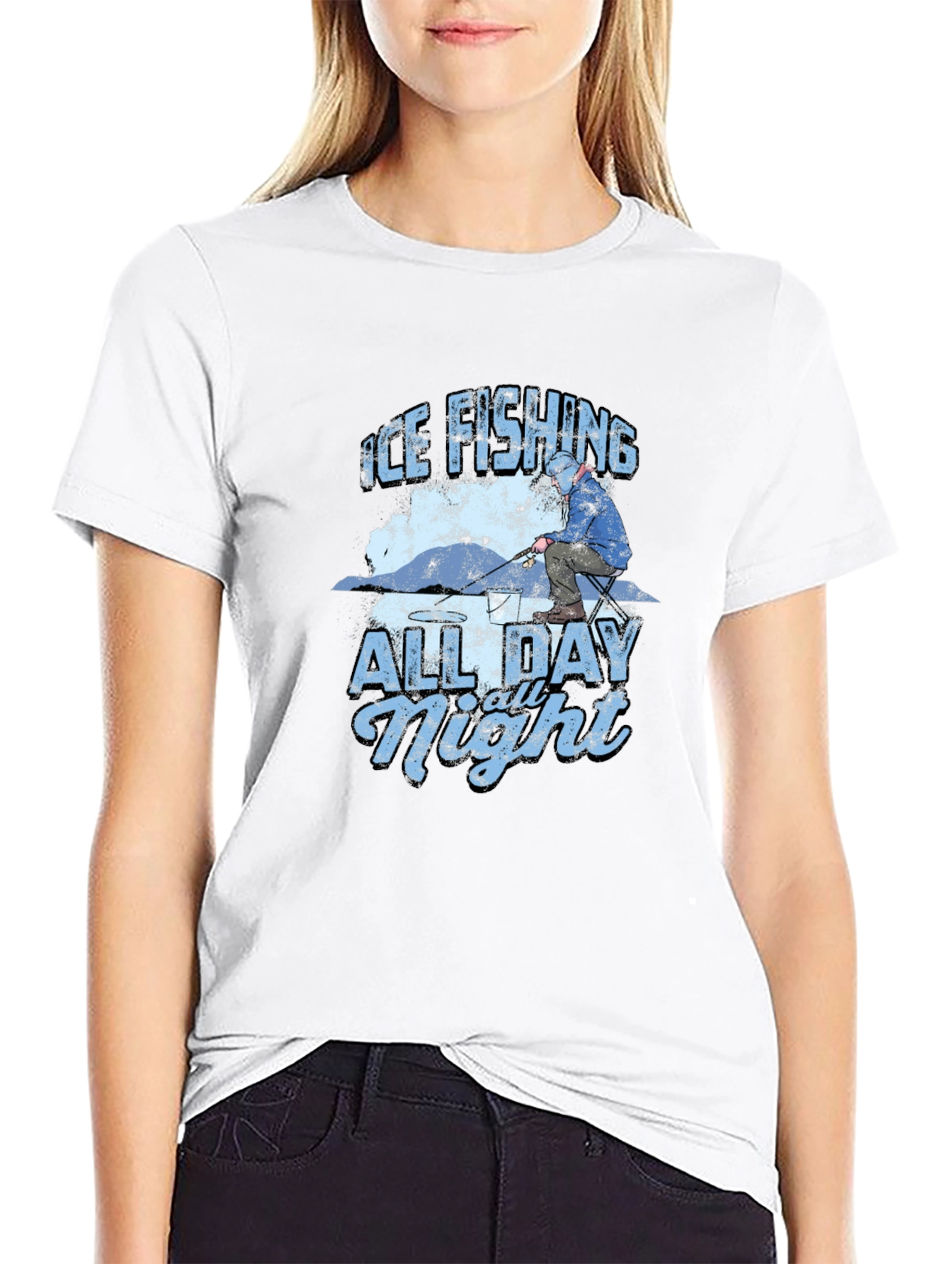 Ice Fishing All Day All Night Black T-Shirt