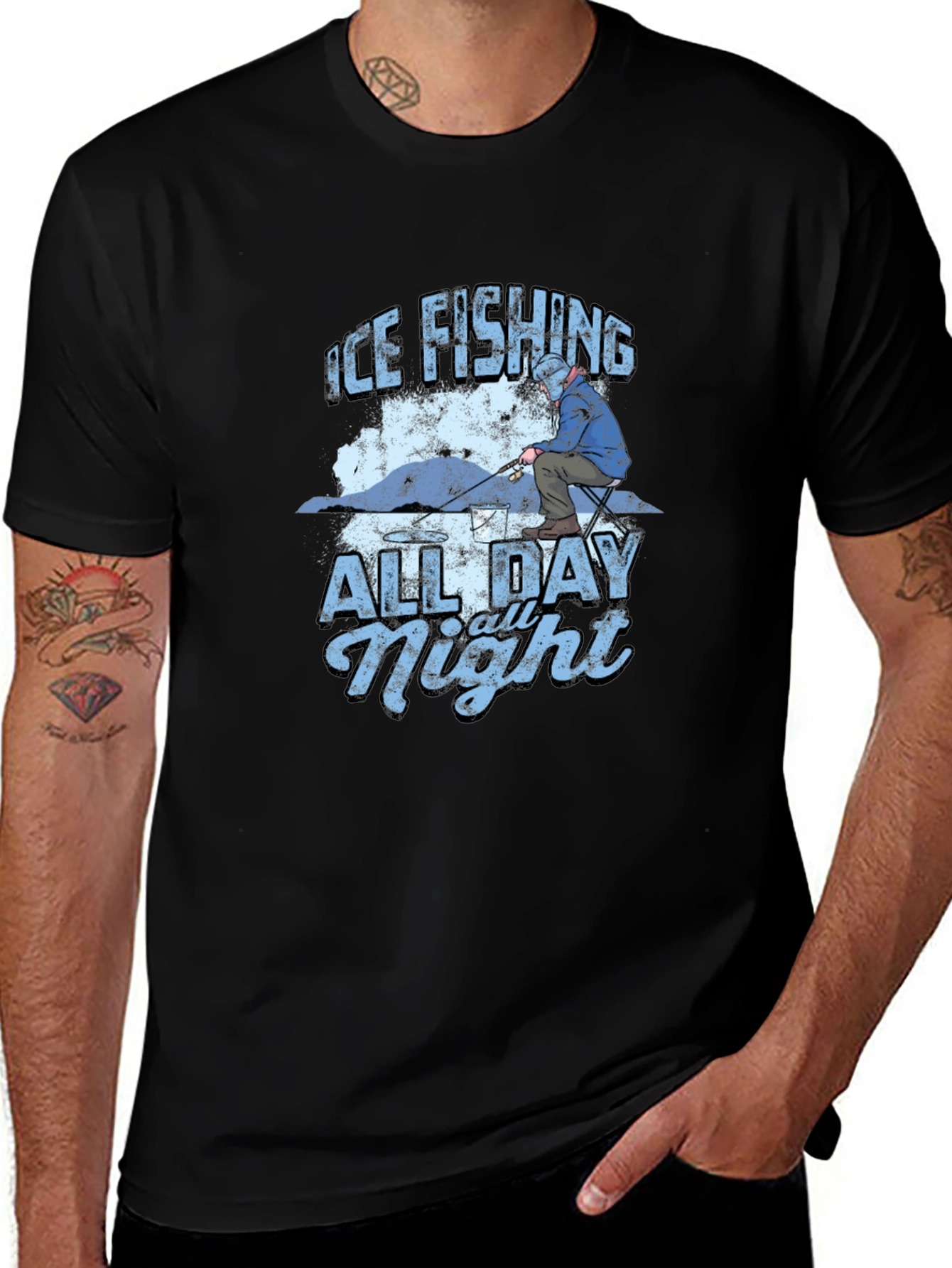 Ice Fishing All Day All Night Black T-Shirt