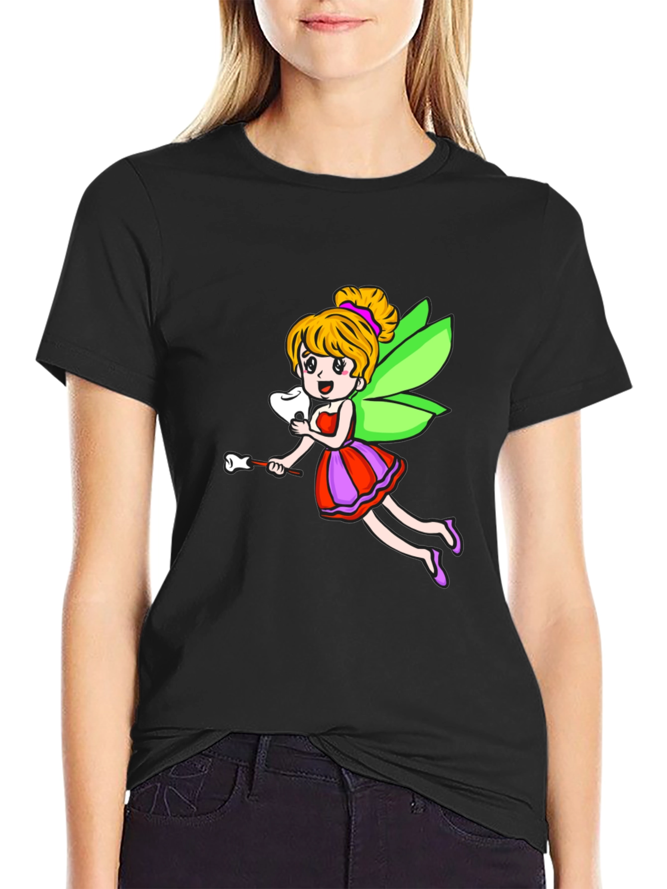 Cartoon Tooth Fairy Graphic Tee - Black