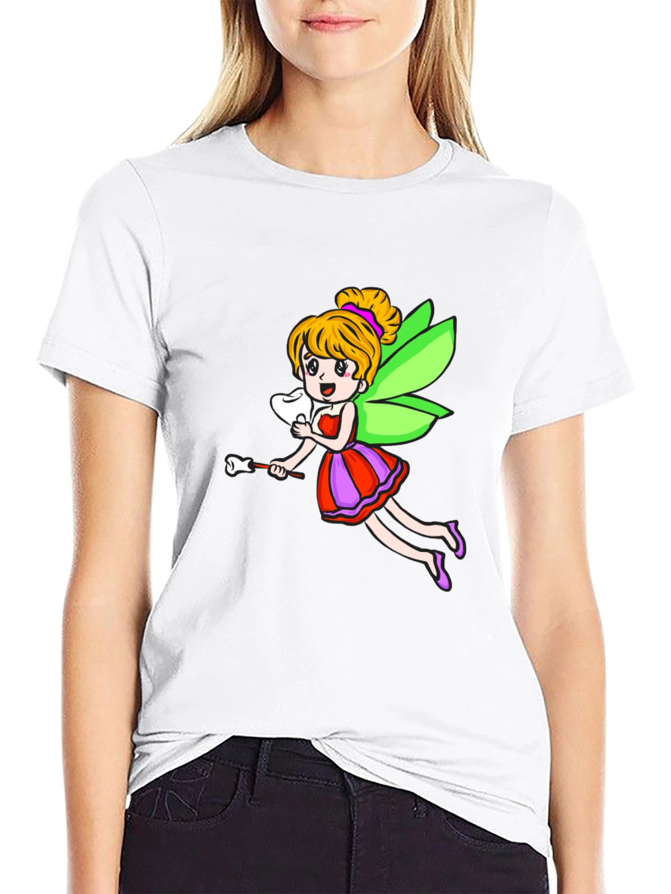 Cartoon Tooth Fairy Graphic Tee - Black