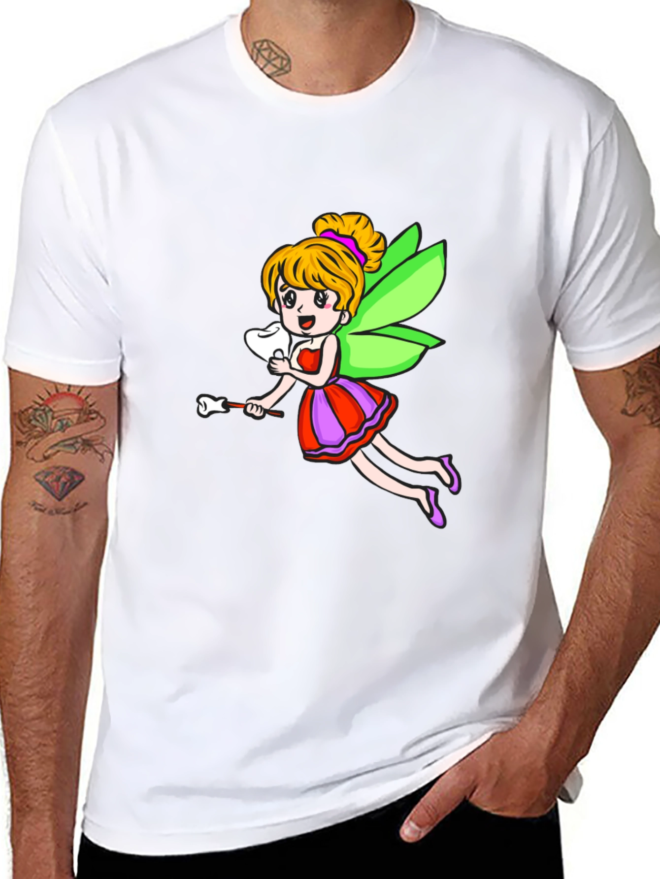 Cartoon Tooth Fairy Graphic Tee - Black