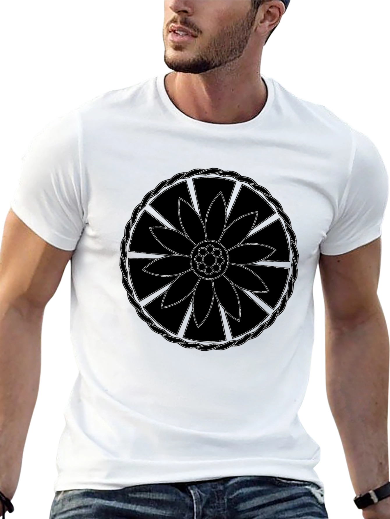 Black T-Shirt with Flower Mandala Design