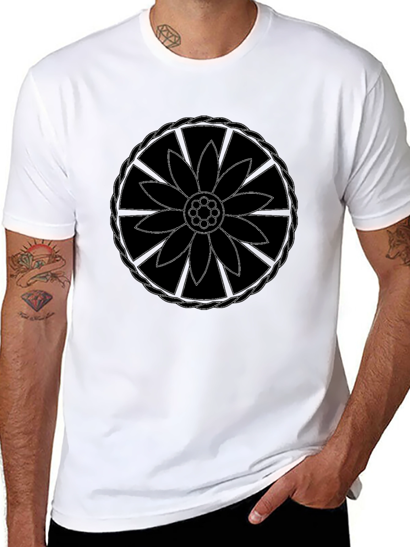 Black T-Shirt with Flower Mandala Design